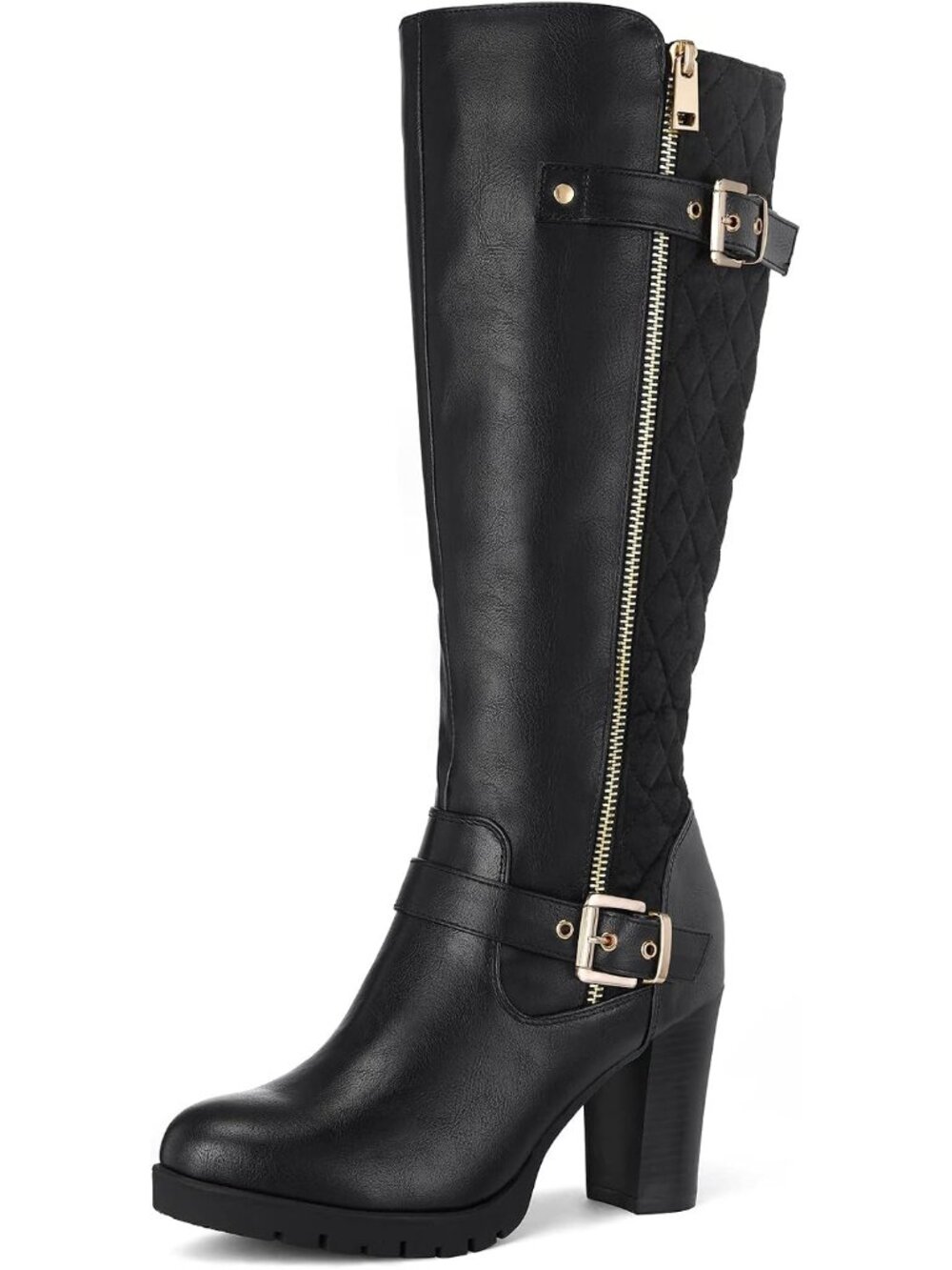 Women's Black Pu Knee High Boots Chunky Block Heel Side Zipper Non-Slip Boots